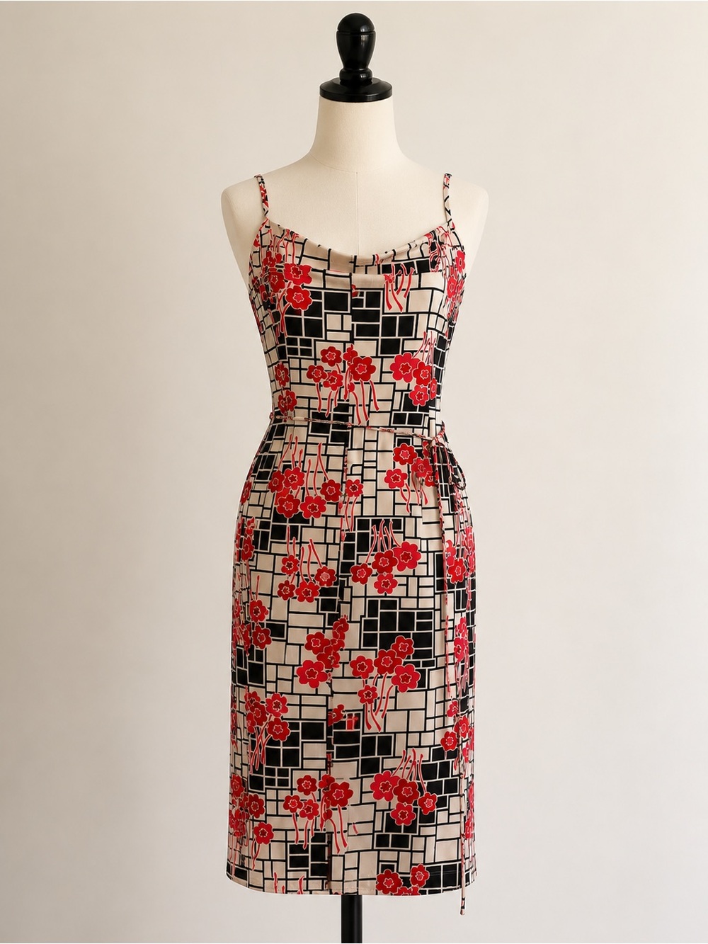 Vintage 90s Floral Geometric Midi Dress Side Slit Red Black L